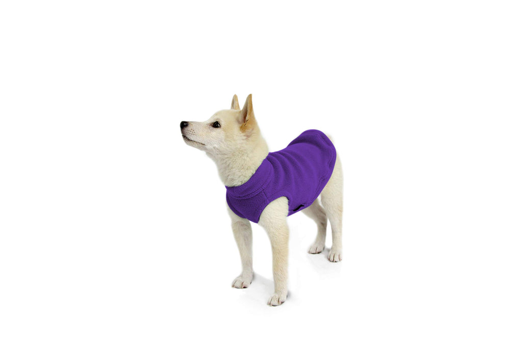 Gooby Stretch Fleece Vest violet dog on walk shows easy maneuverability.