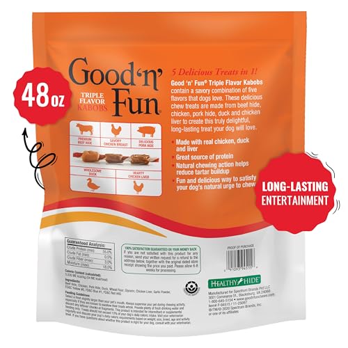 Good 'n' Fun triple flavor kabobs beef-hide wrapped with real chicken—protein-rich chew