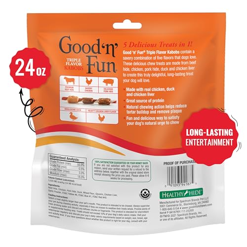 Good 'n' Fun Triple Flavor Kabobs chews bag back with feeding directions and sizing.