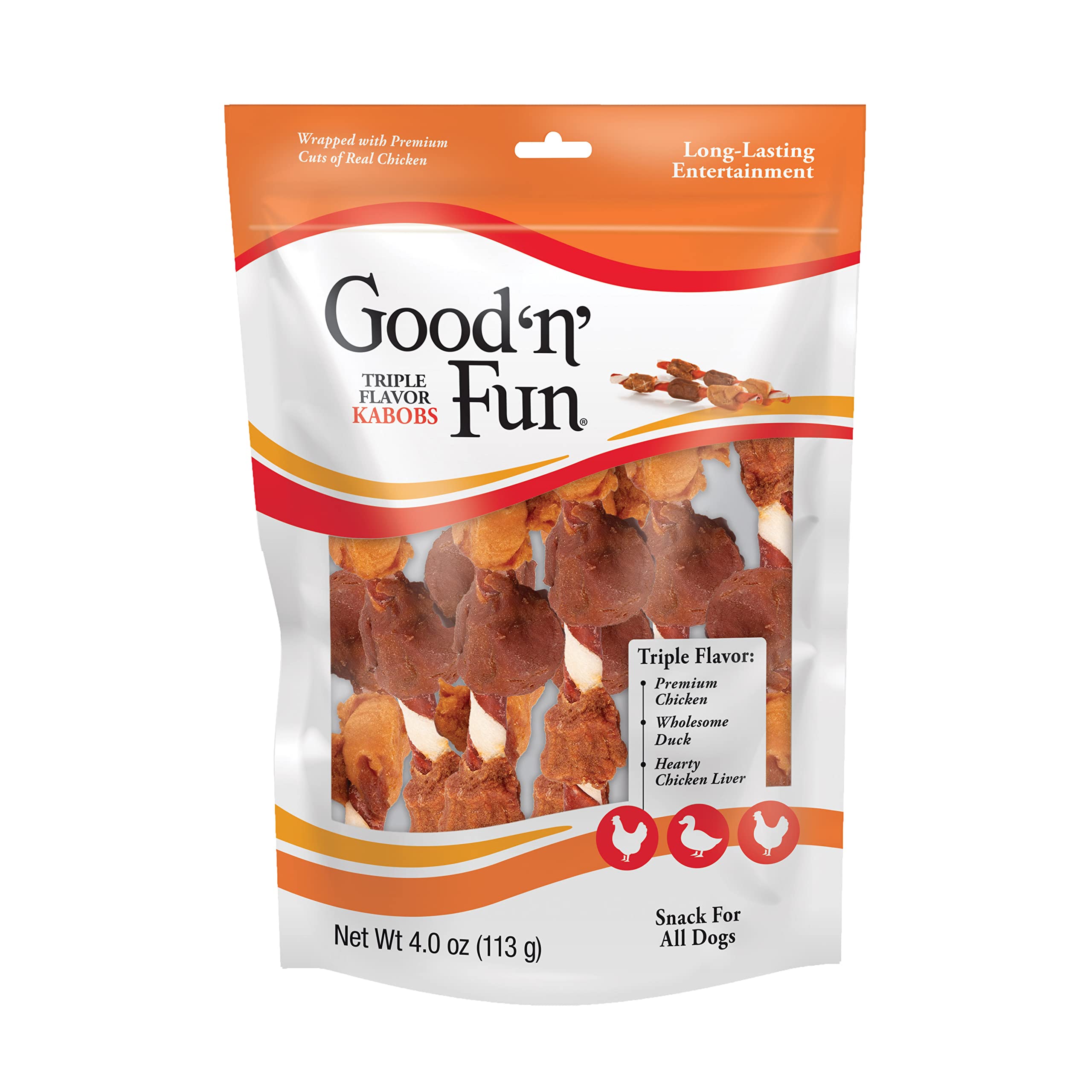 Good 'n' Fun Triple Flavor Kabobs packaging shows a long-lasting dog chew