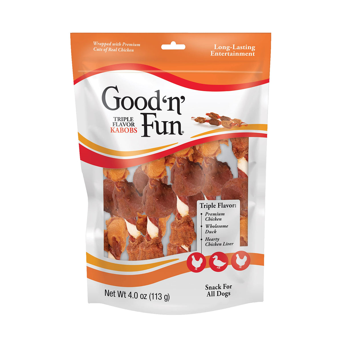 Good 'n' Fun Triple Flavor Kabobs packaging shows a long-lasting dog chew