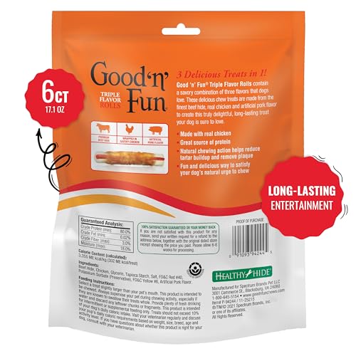 Good 'n' Fun Triple Flavor Rolls artificial pork flavor detail for tasty dog chew.