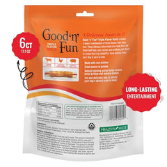 Good 'n' Fun Triple Flavor Rolls artificial pork flavor detail for tasty dog chew.