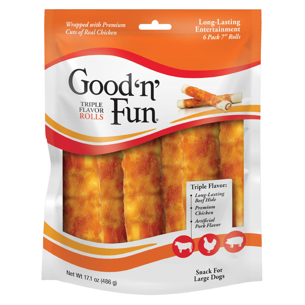 Good 'n' Fun Triple Flavor Rolls beef hide close-up for long-lasting chewing.
