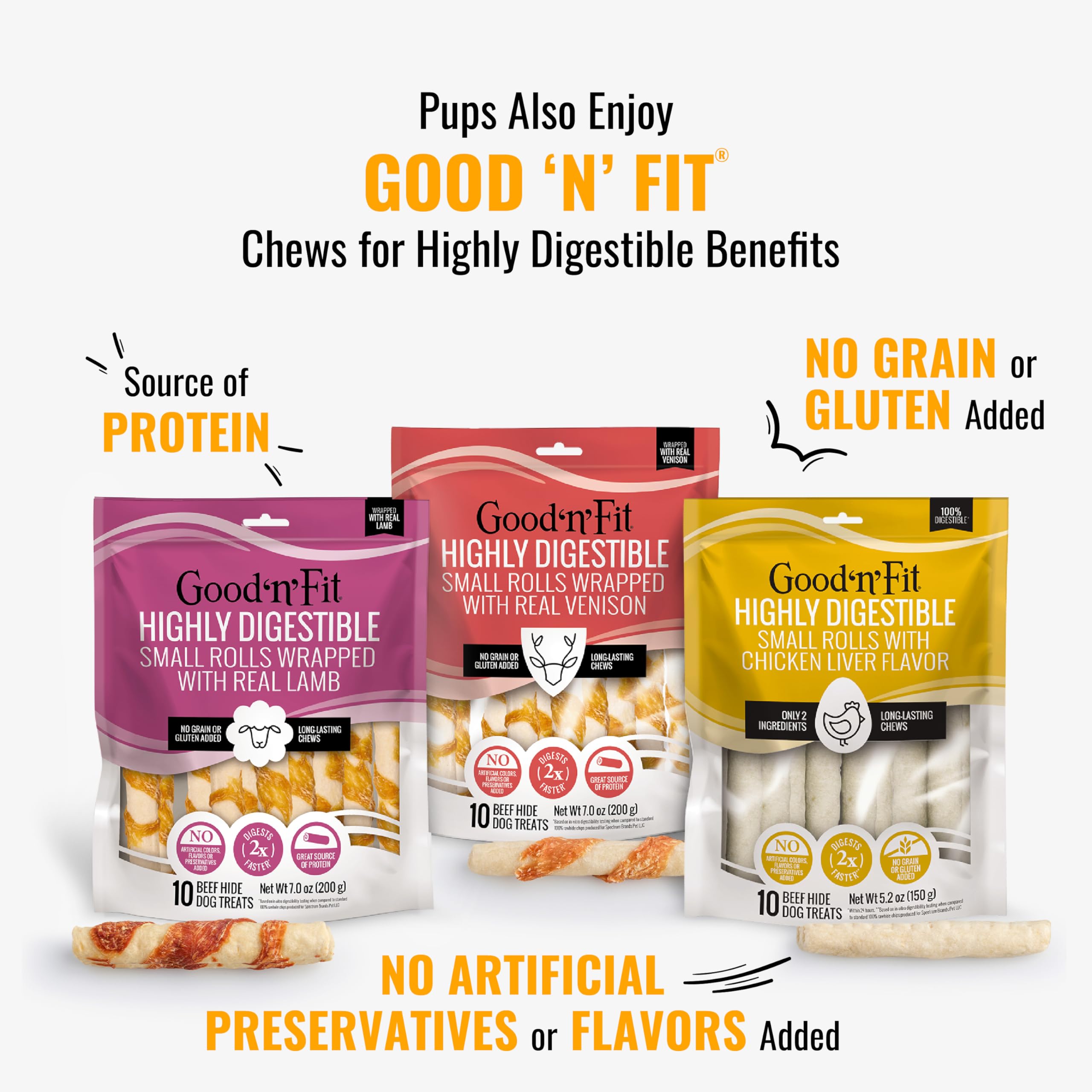Good 'n' Fun Triple Flavor Rolls long-lasting chew in action.