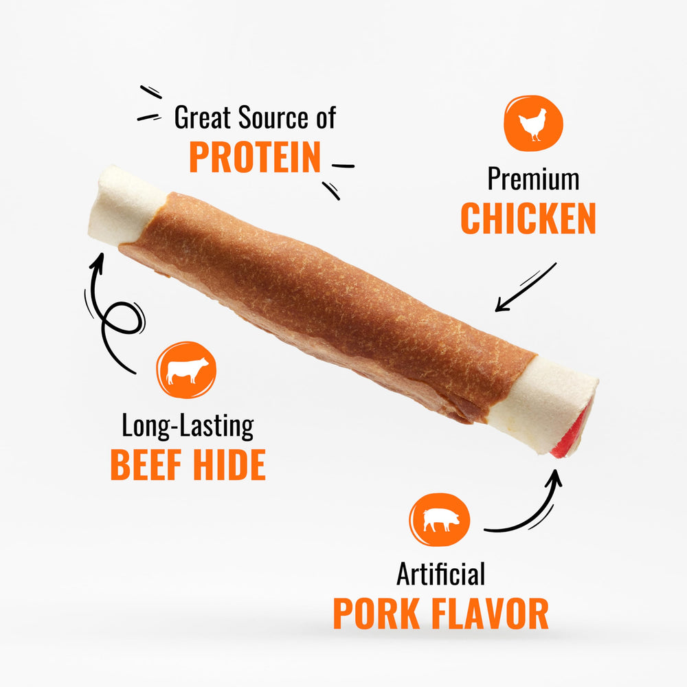 Good 'n' Fun Triple Flavor Rolls premium chicken wrap image highlighting flavor.