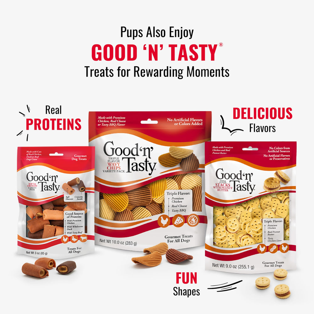 Good 'n' Fun Triple Flavor Rolls treat time moment with dog.