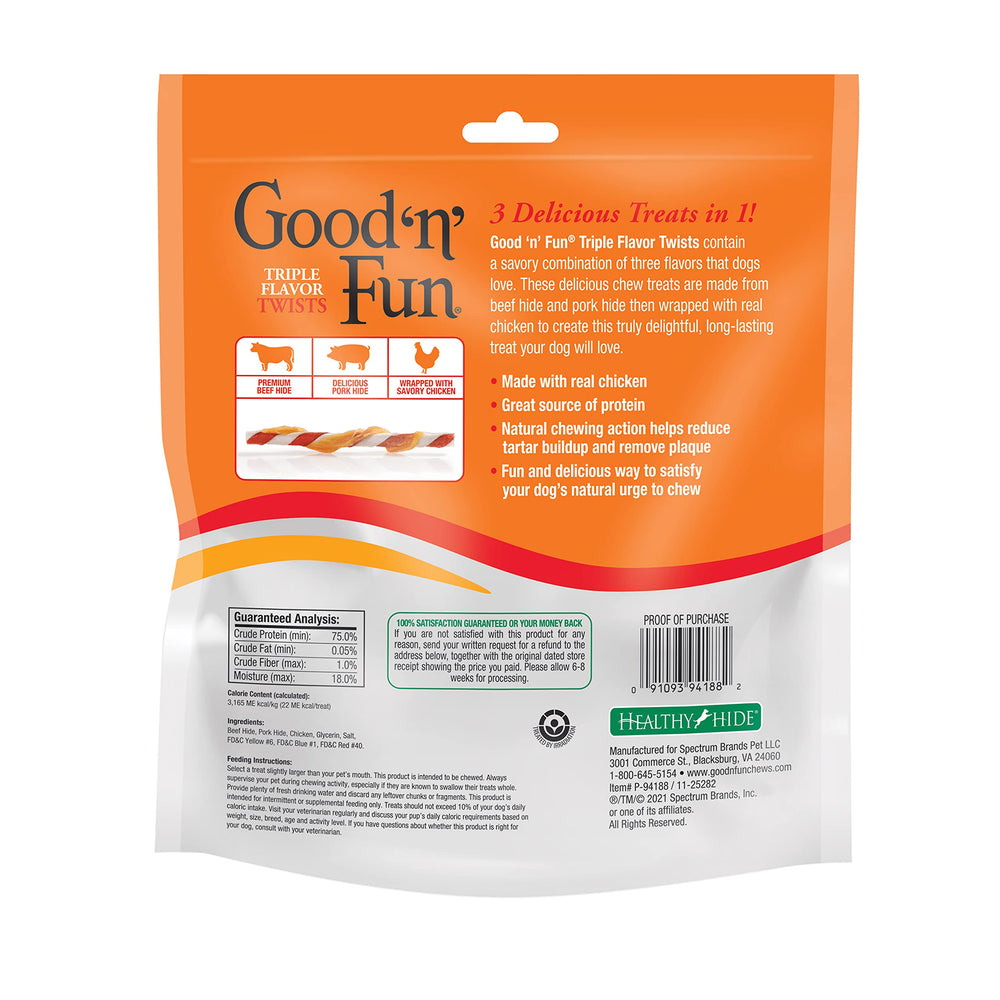 Good 'n' Fun Triple Flavor Twists closeup-meat-strip image emphasizes real chicken and premium ingredients