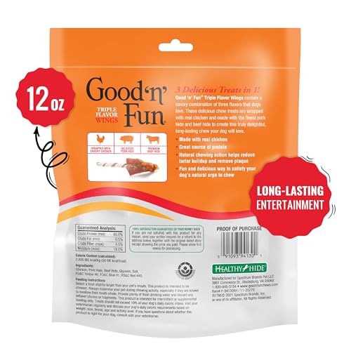 Good ‘n’ Fun Triple Flavor Wings chew beef-hide core—long-lasting chew.