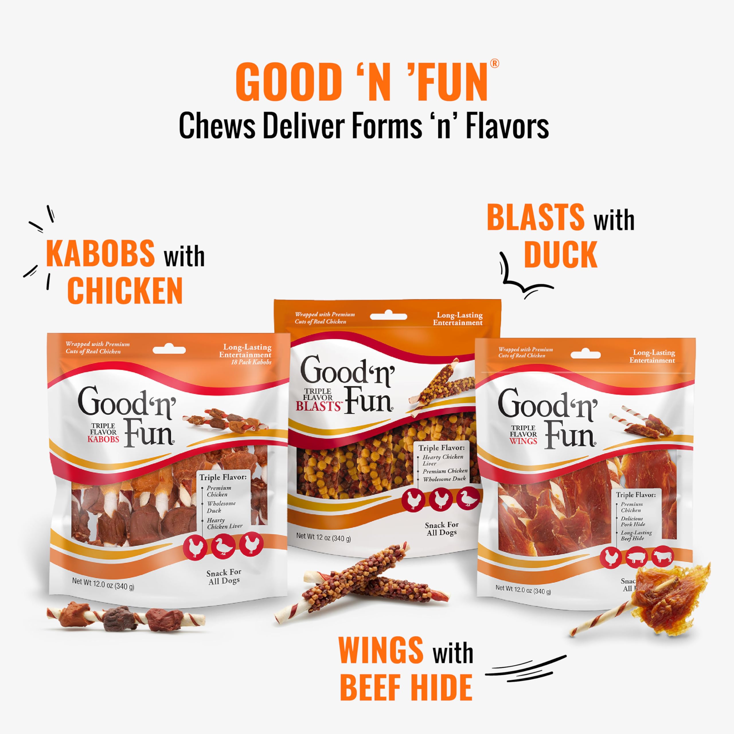 Good ‘n’ Fun Triple Flavor Wings chew for all dogs—versatile snack option.