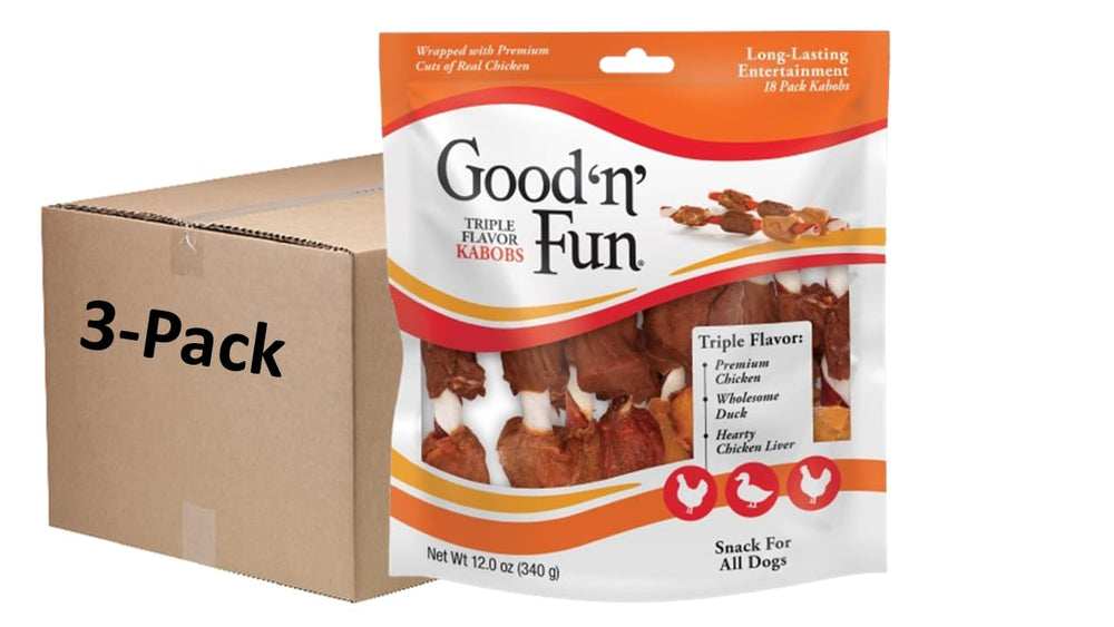 Good'n'Fun triple flavored rawhide kabobs pack closeup shows long-lasting entertainment
