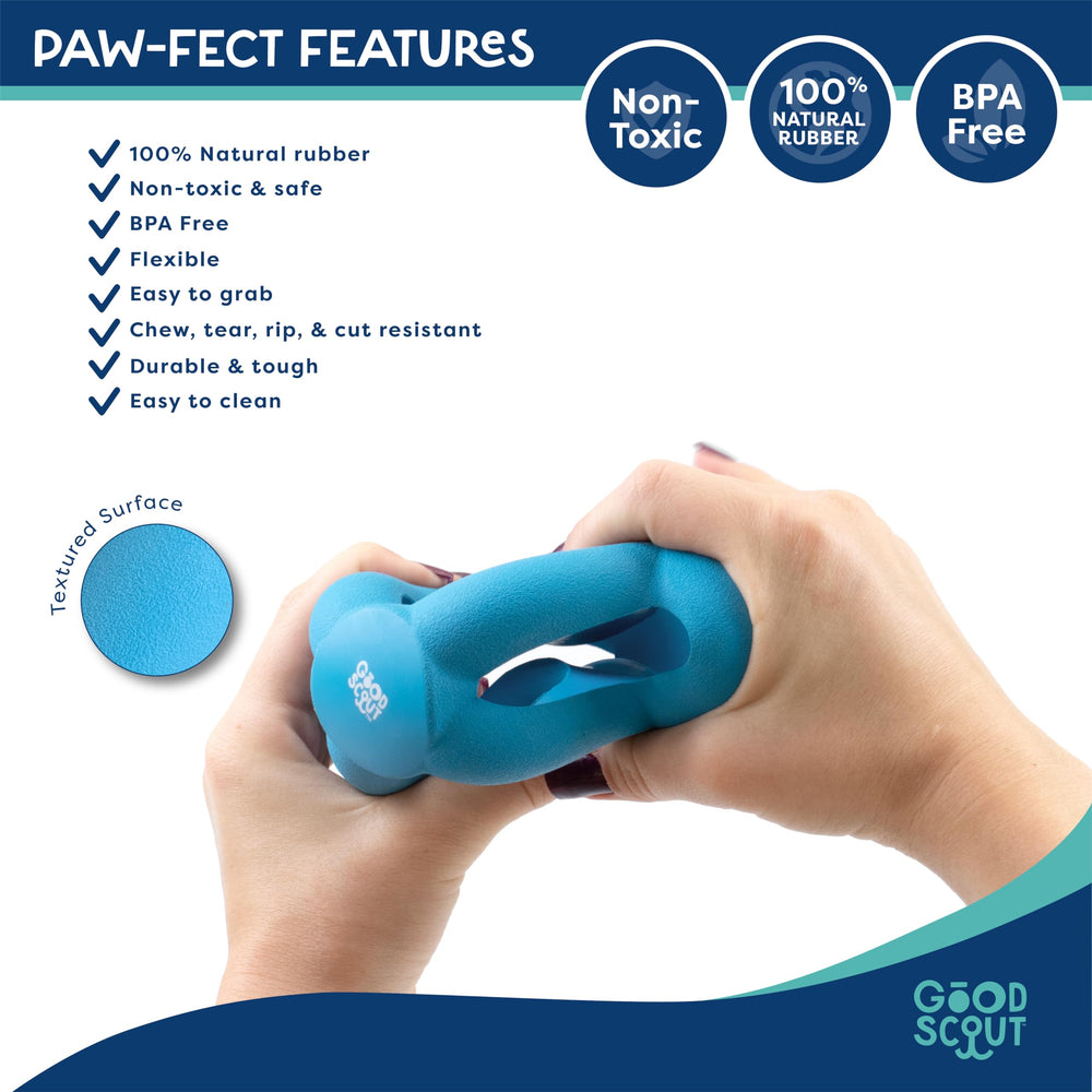 Good Scout Cage Ball Dog Toy easy-to-clean rubber resists mess.