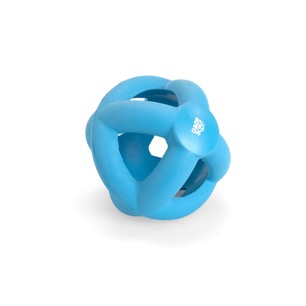 Good Scout Cage Ball Dog Toy outer view shows durable chew-ready rubber for daily play.