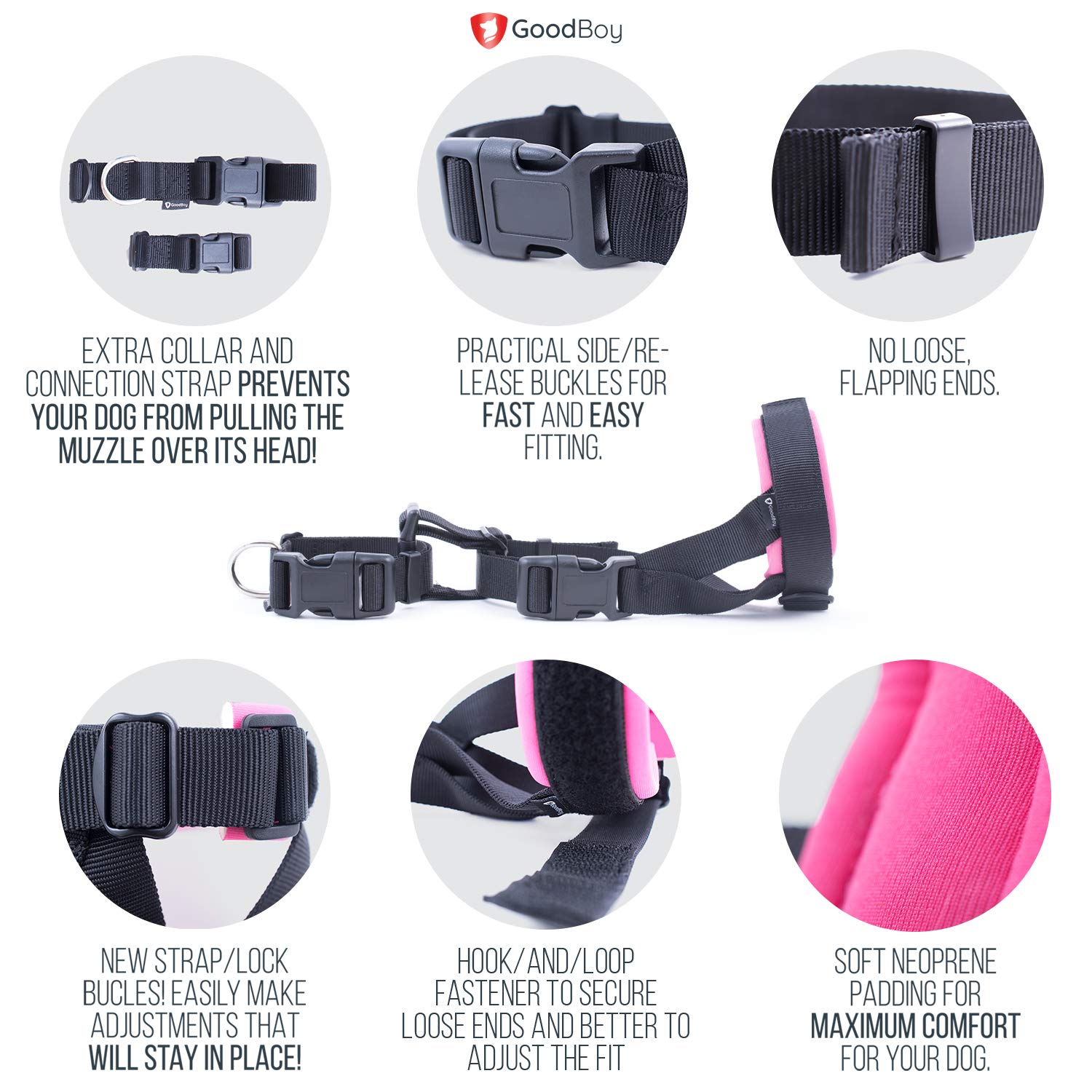 GoodBoy Gentle Muzzle Guard no-chafe padding prevents skin irritation.