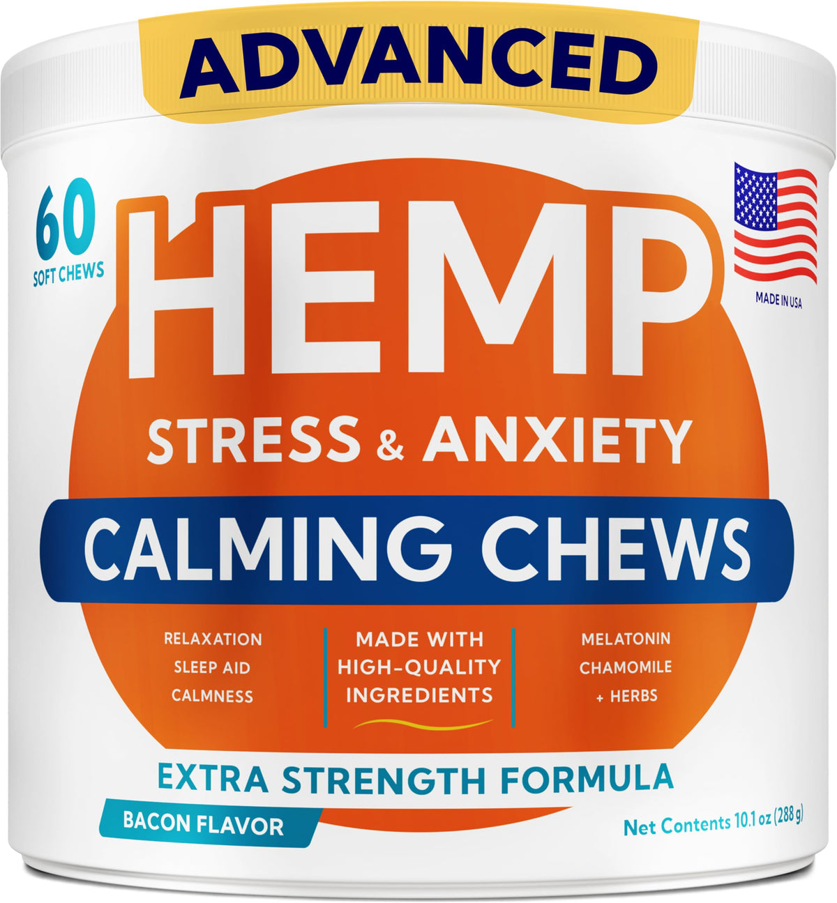 GOODGROWLIES Advanced Calming Chews bottle front offers a stress-relief option for anxious dogs.