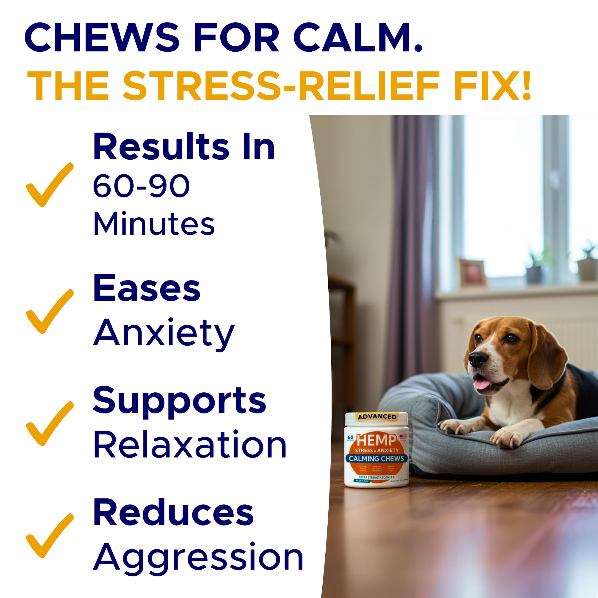 GOODGROWLIES Advanced Calming Chews label highlights hemp, melatonin, and valerian ingredients.