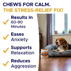 GOODGROWLIES Advanced Calming Chews label highlights hemp, melatonin, and valerian ingredients.
