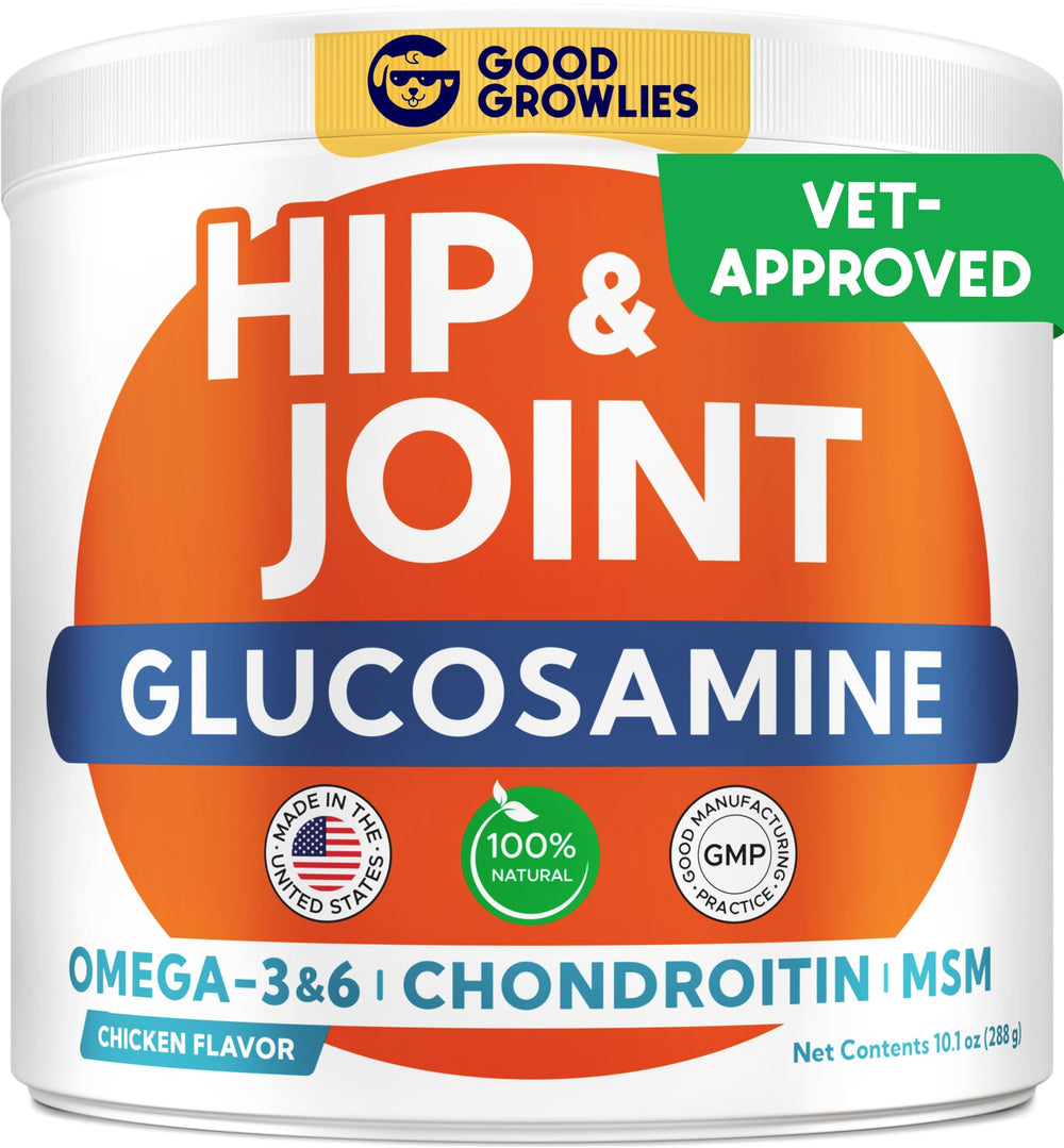 GOODGROWLIES glucosamine dog bottle front shows joint-support packaging.