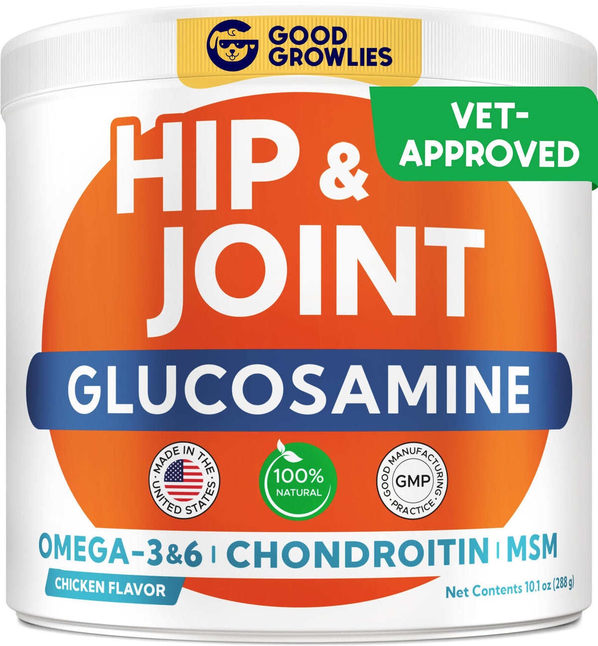 GOODGROWLIES glucosamine dog bottle front shows joint-support packaging.
