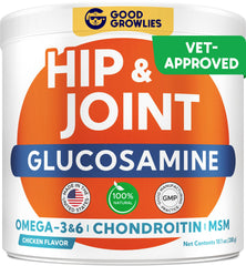GOODGROWLIES glucosamine dog bottle front shows joint-support packaging.