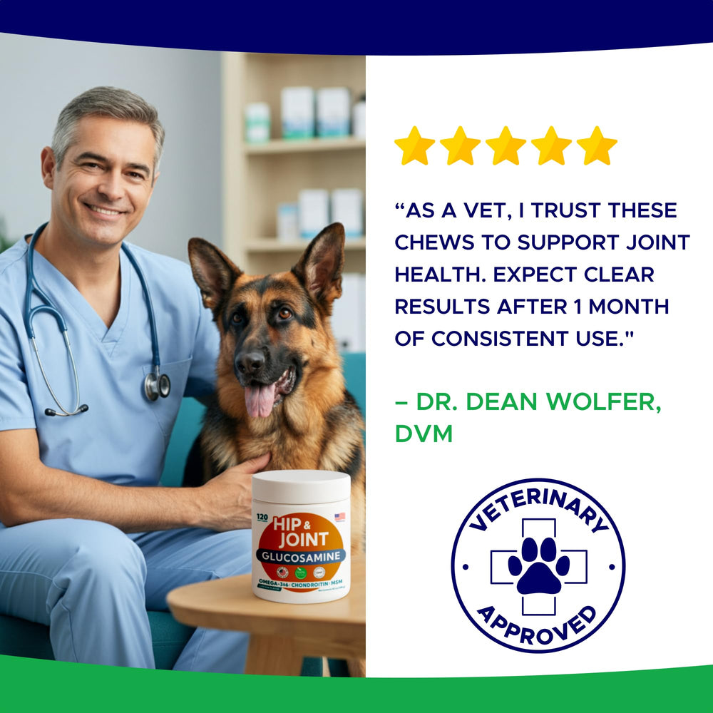 GOODGROWLIES glucosamine-dogs-packaging-120-chews shows 120 mobility chews for senior breeds.