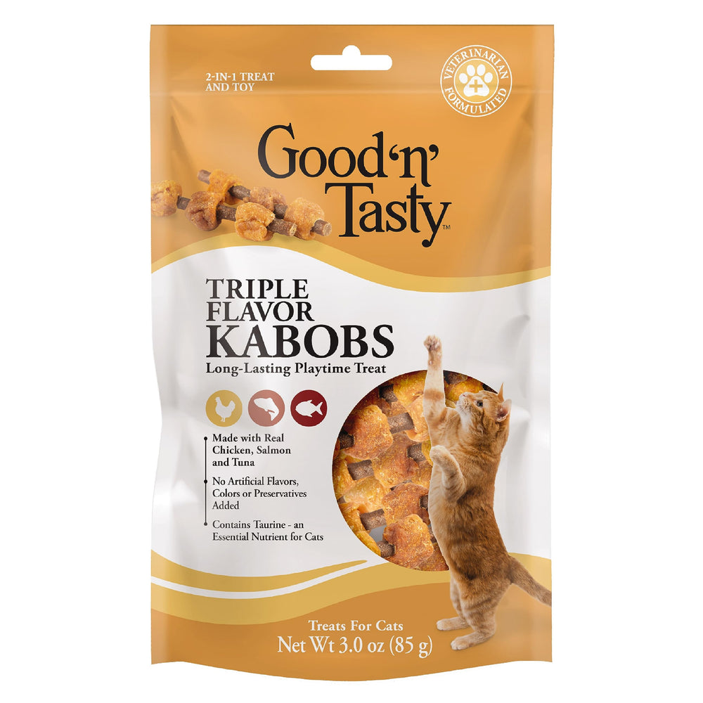 Good'n'Fun Triple Flavor Kabobs closeup ingredients reveal real chicken salmon tuna flavors