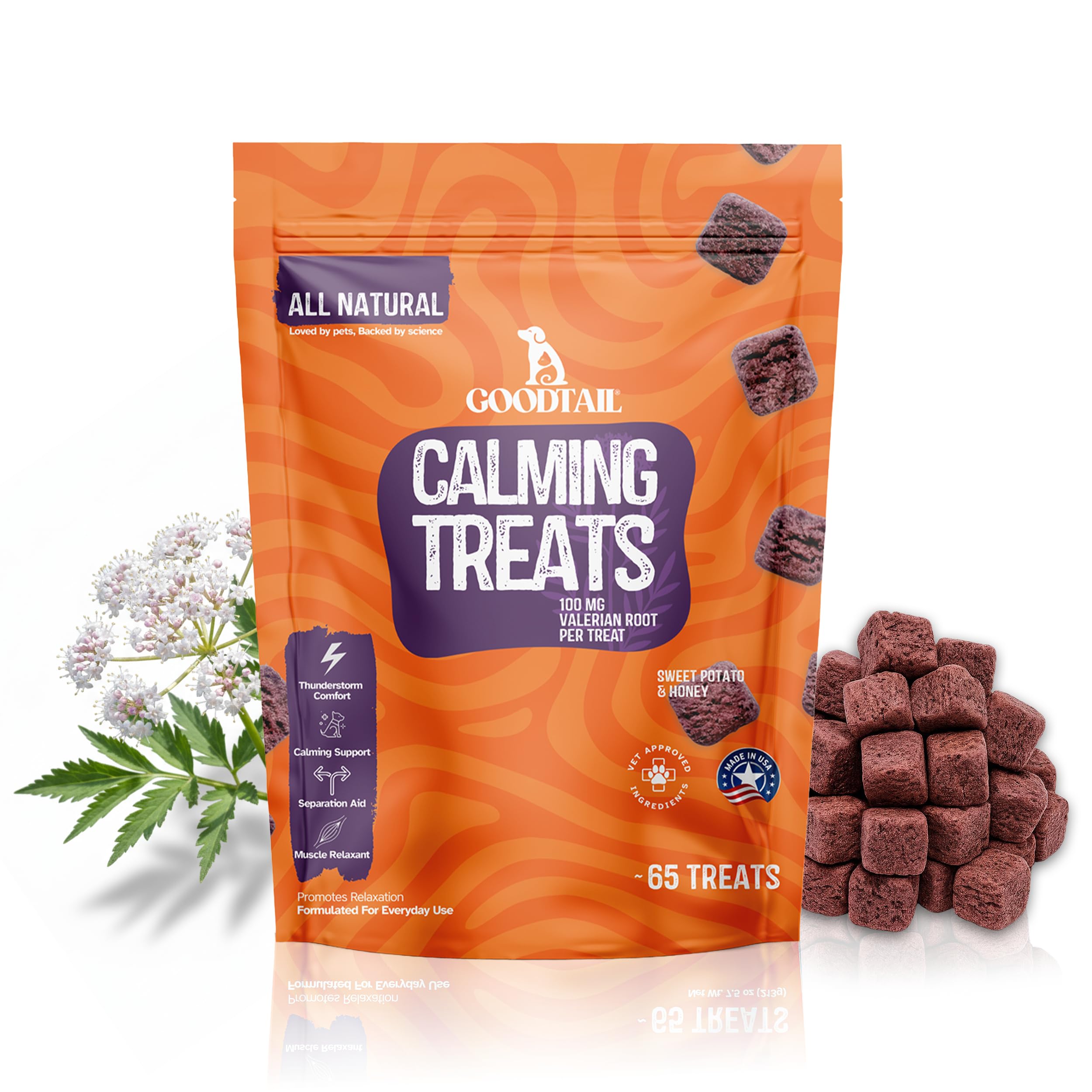 GOODTAIL calming treats bottle label for natural pet calm