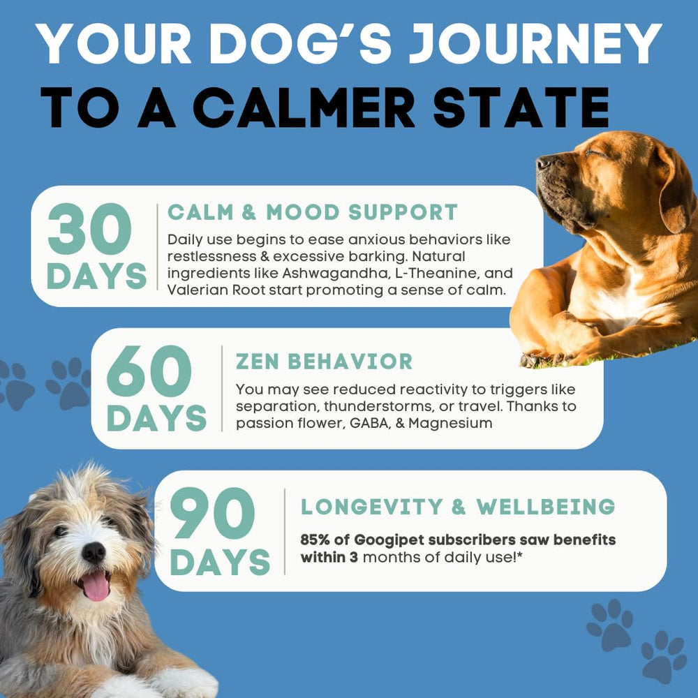 Googipet Daily Hemp Calming Chews hero ingredients label with Ashwagandha and Valerian Root