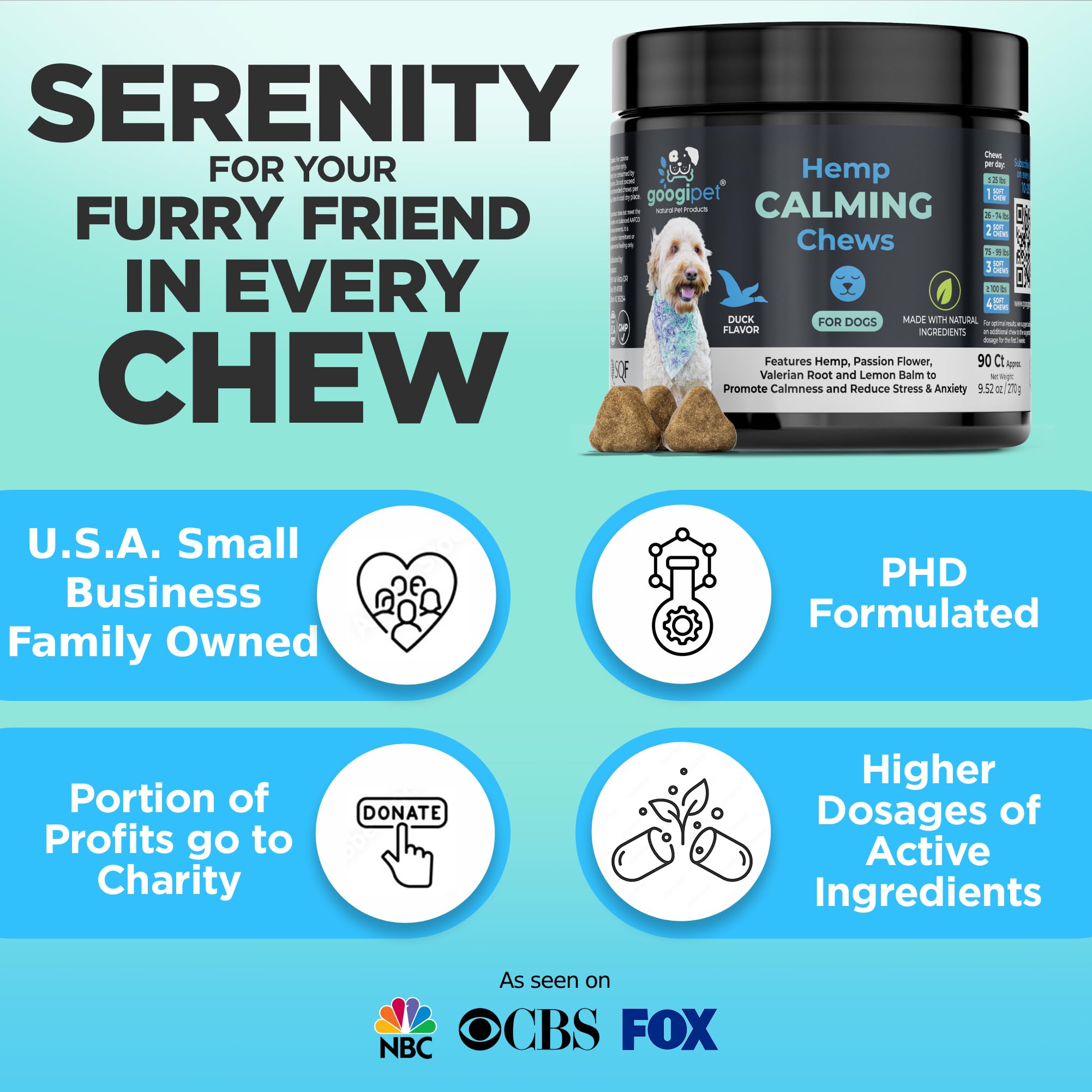Googipet Daily Hemp Calming Chews non-drowsy badge: dogs stay alert