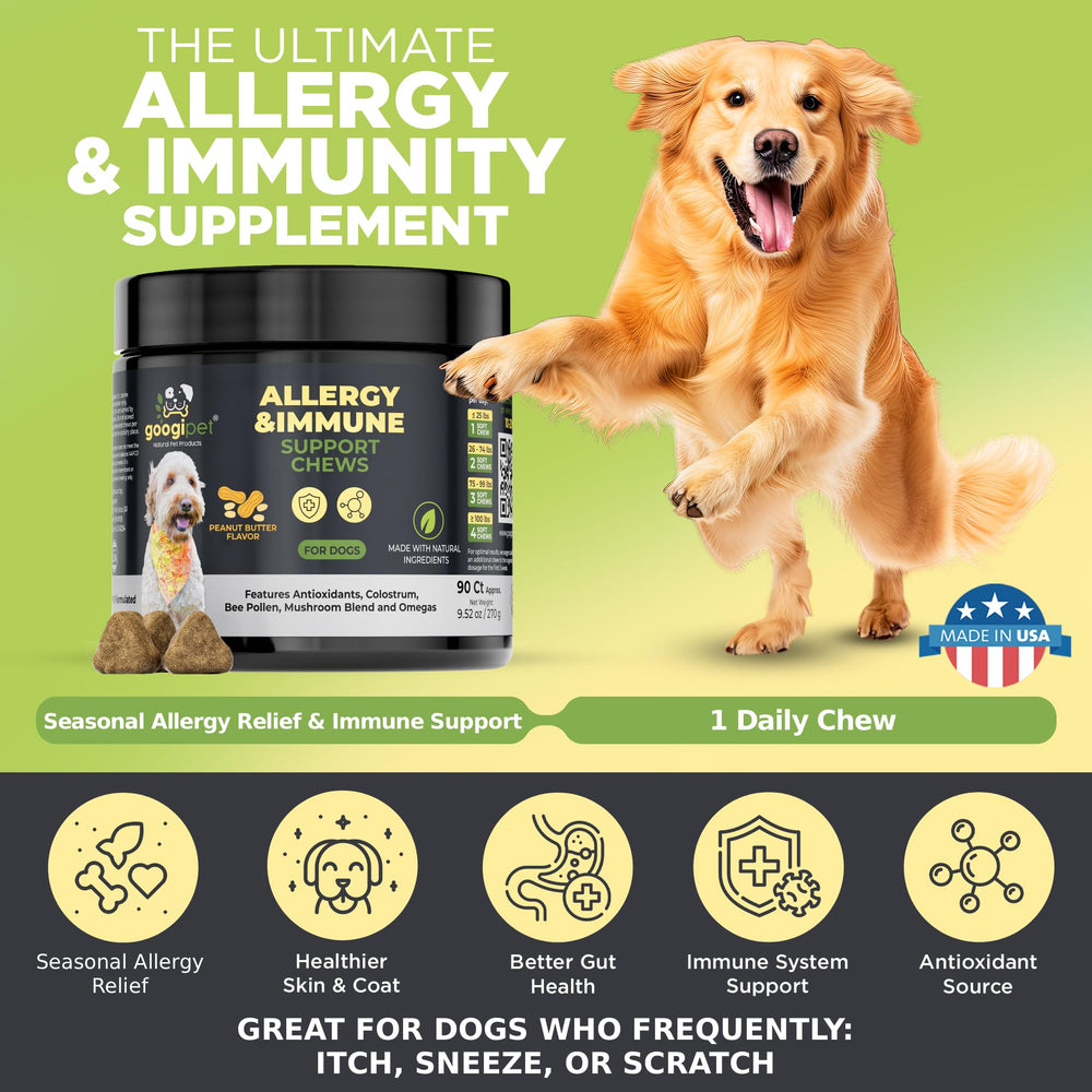 GOOGIPET Dog Allergy Chews close-up highlighting omega-3 fish oil benefits.