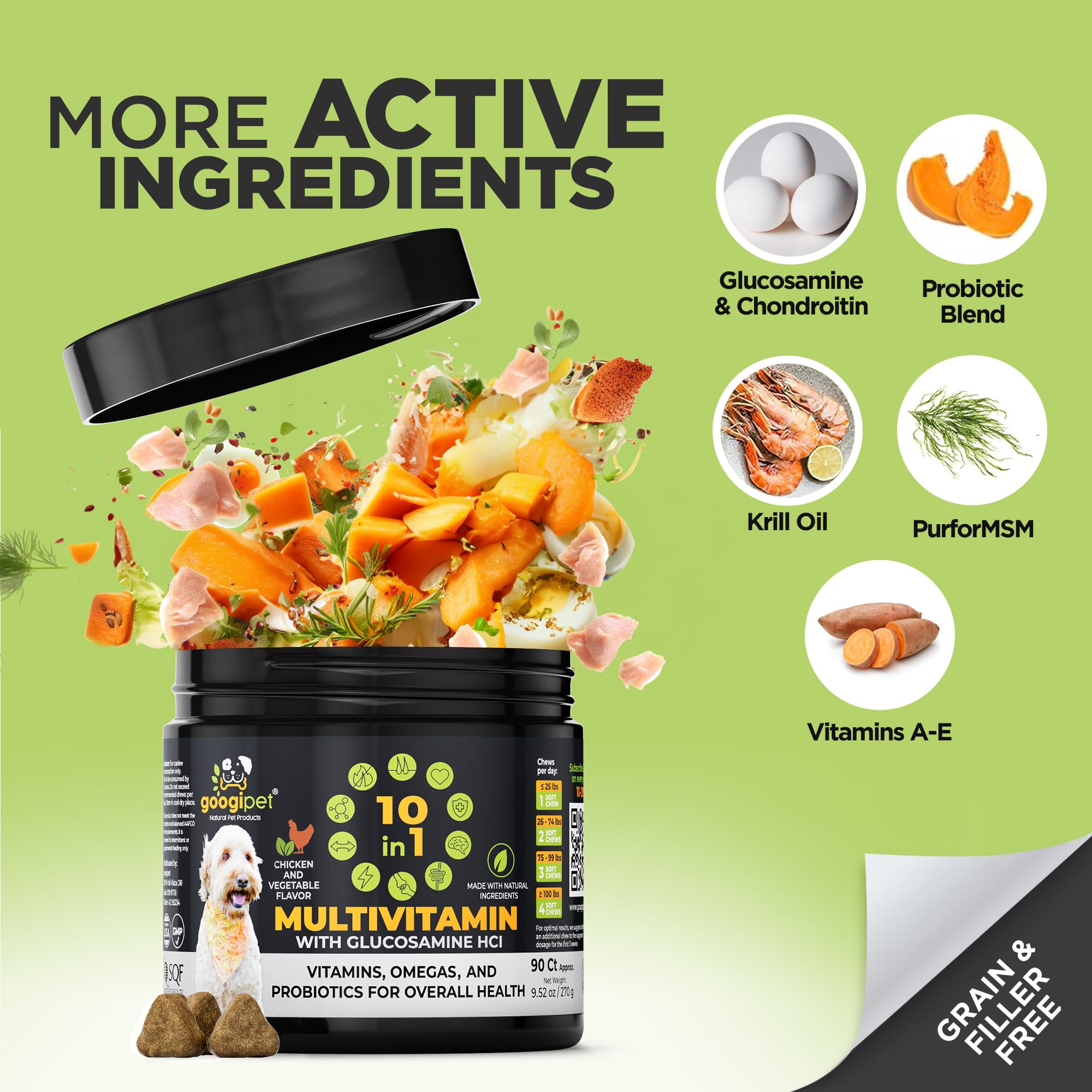 Googipet Premium probiotic bottle emphasizing digestion and immune health.