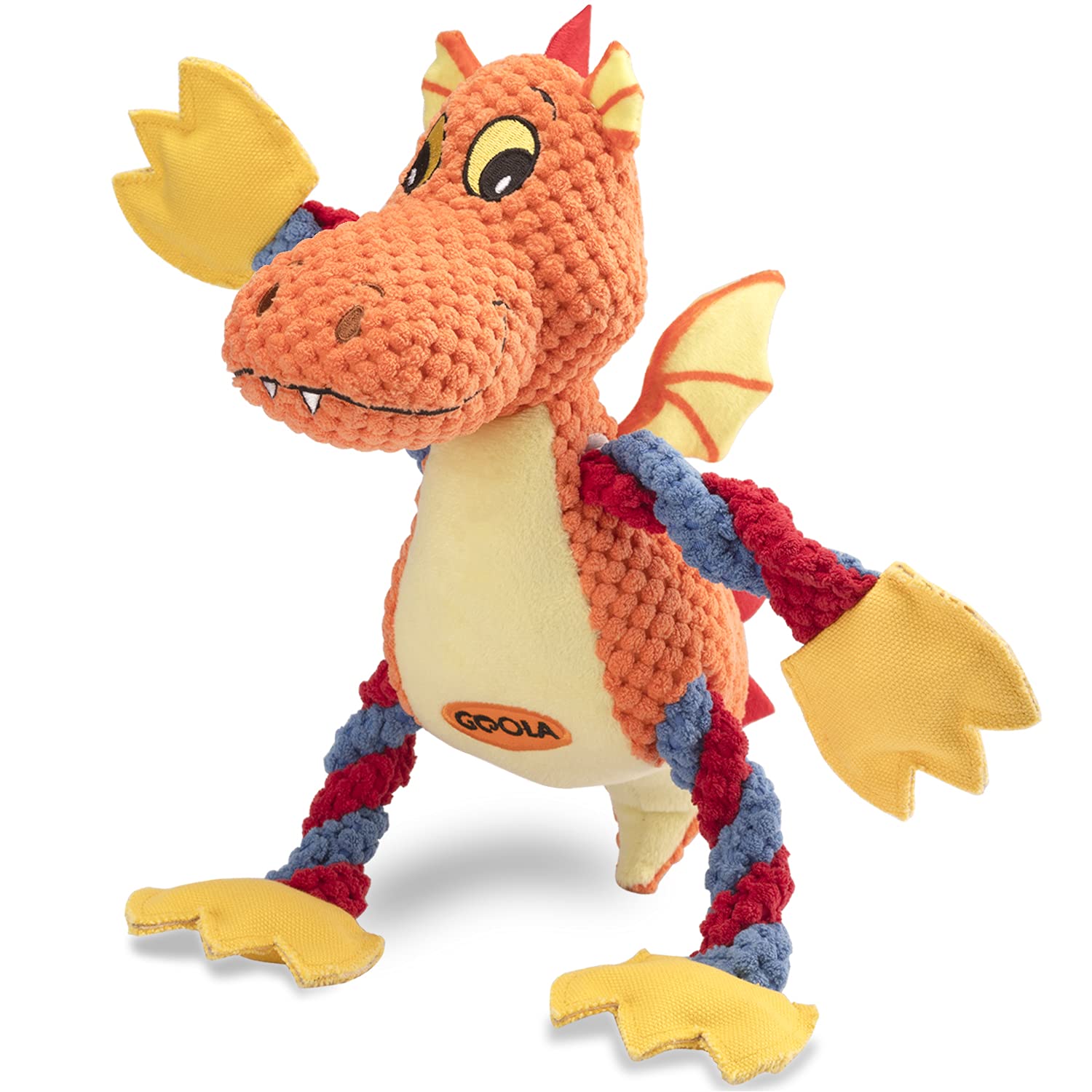 GOOLA dog squeaky dragon toy close-up highlighting plush details and five-squeaker action for active play