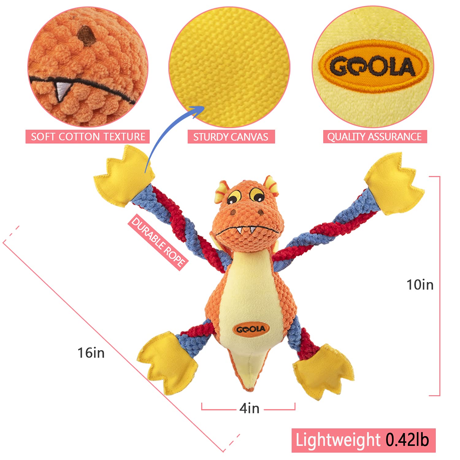 GOOLA dragon-shaped plush designed for puppies to large dogs, ideal for multiple play styles