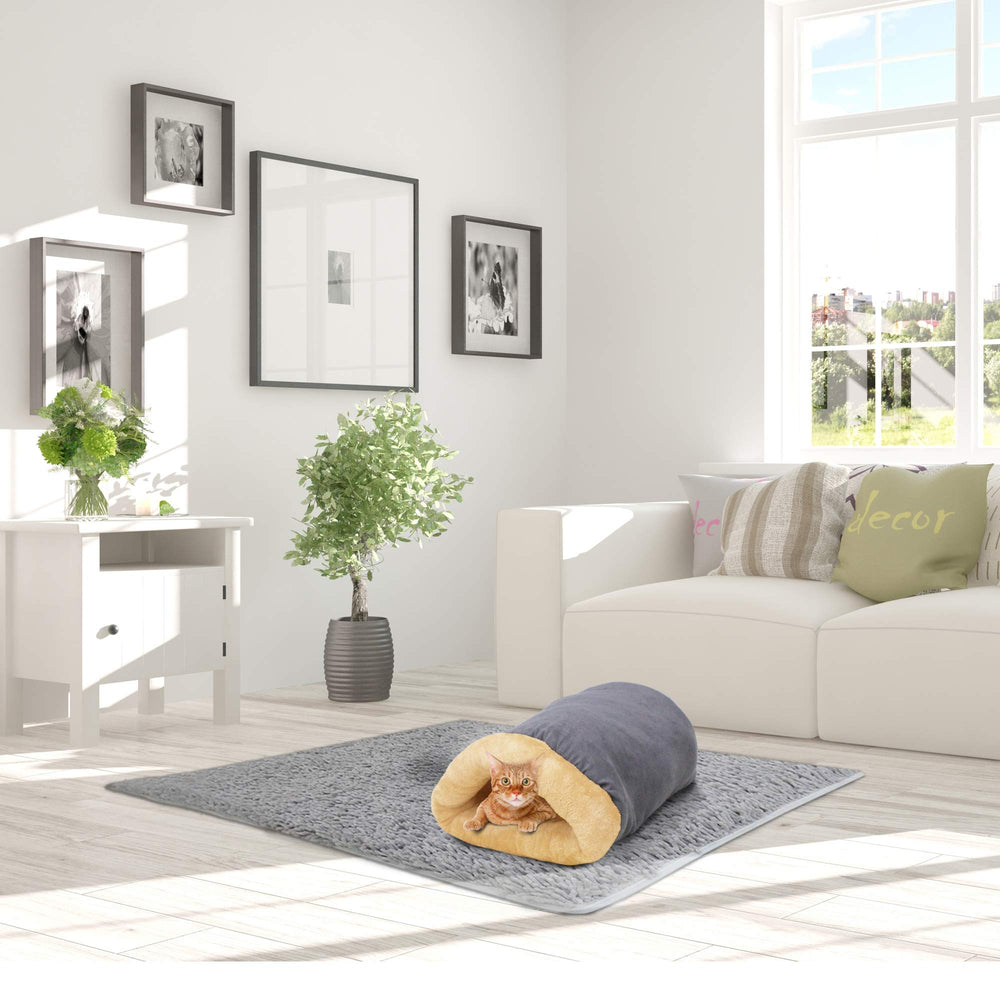 GOOPAWS Burrow Cat Bed gray faux suede and fur texture closeup for plush feel