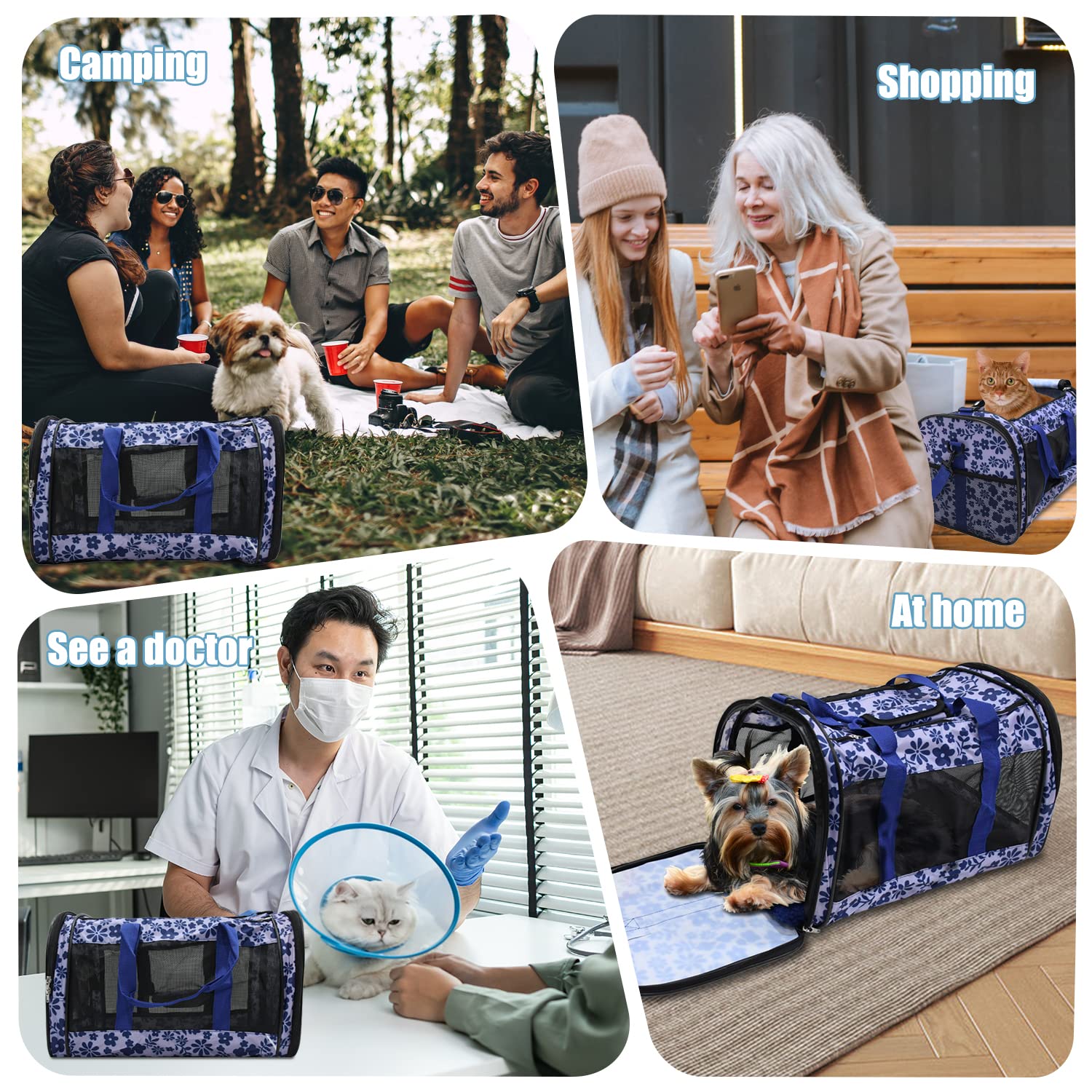 GOOPAWS blue floral print carrier with locking zippers for secure entry