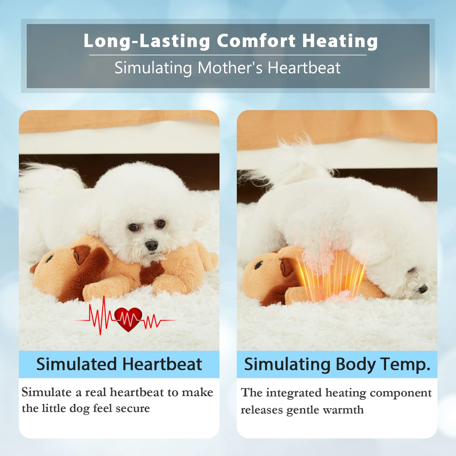 Goopow Heartbeat Puppy Toy body temperature heater provides cozy warmth.