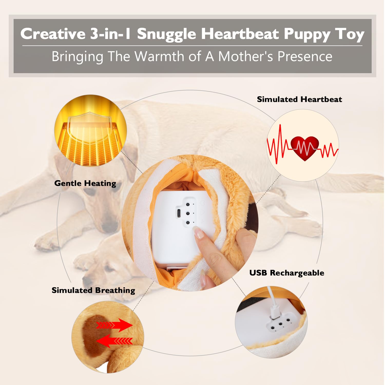 Goopow Heartbeat Puppy Toy shows heartbeat simulation for canine comfort.