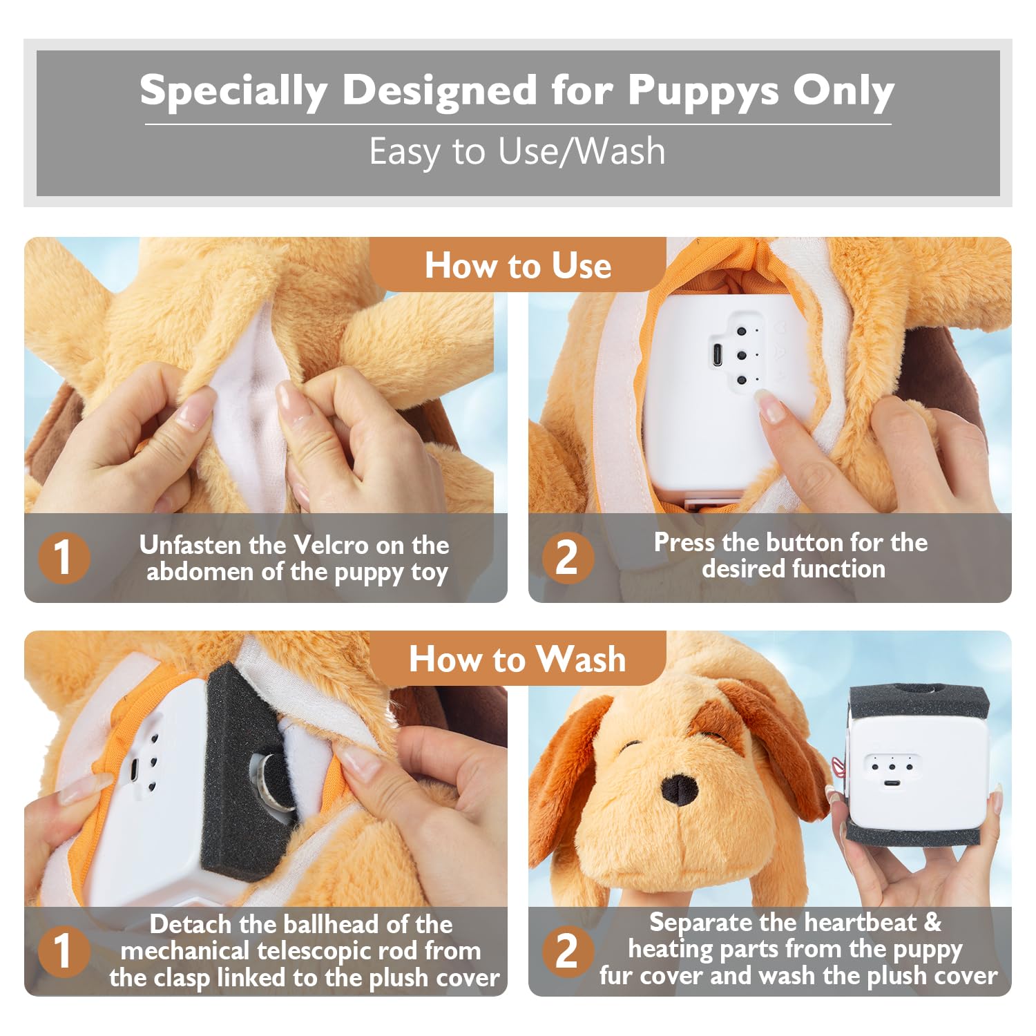 Goopow Heartbeat Puppy Toy safe, washable fabric for easy cleaning.
