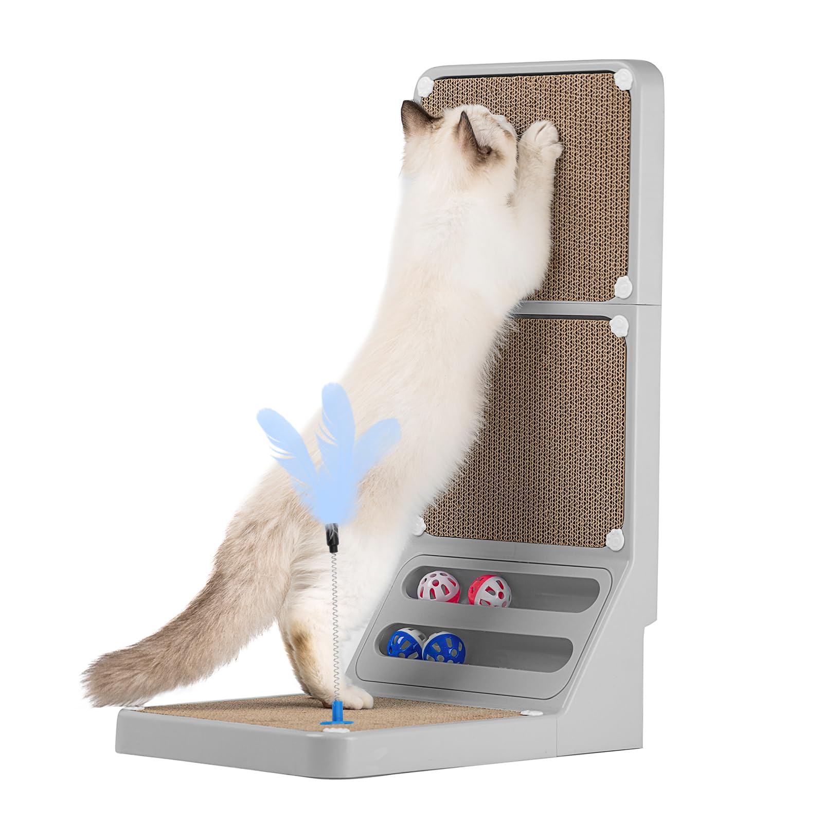 Goosheep cat scratcher L-shape with dual-ball toy for interactive play.
