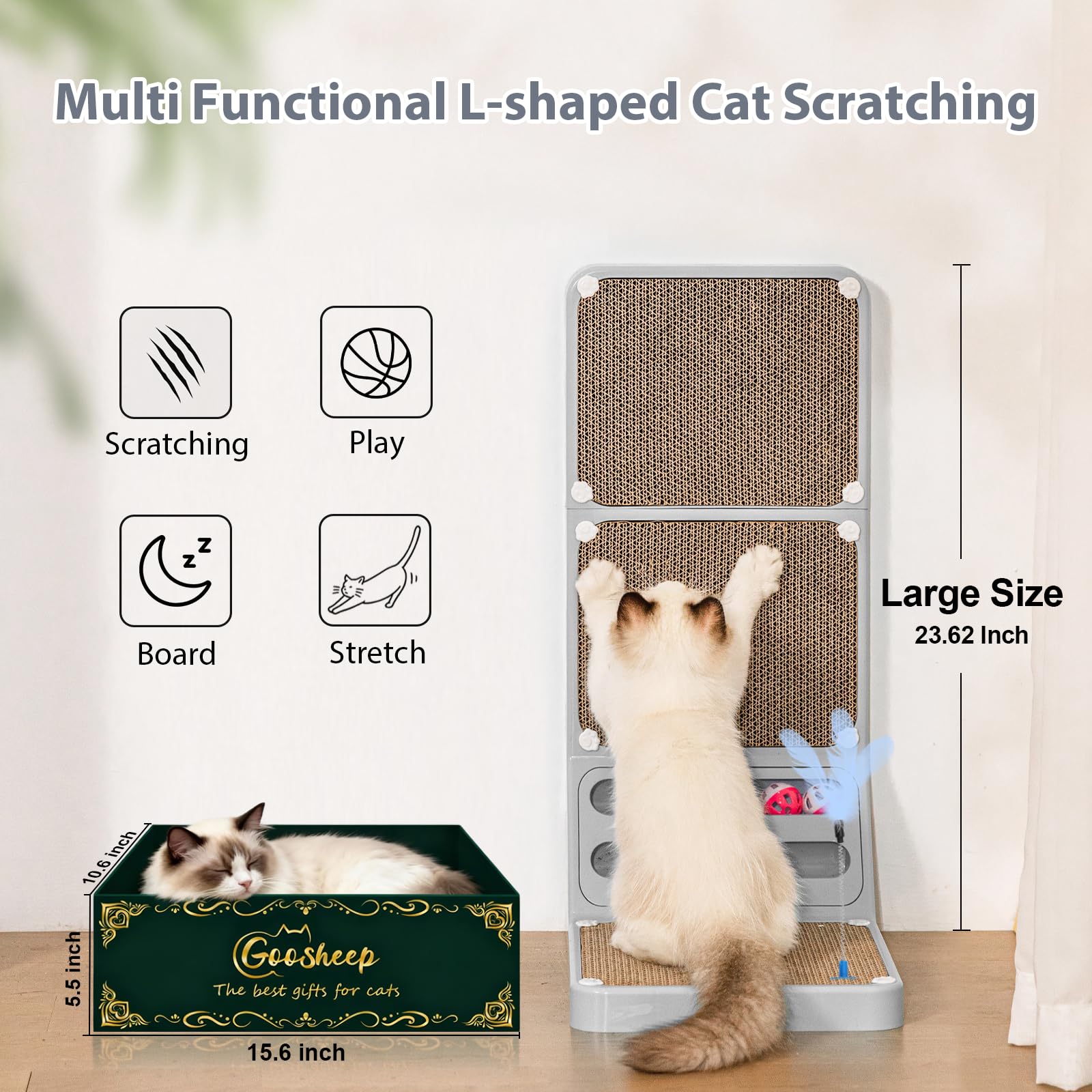 Goosheep cat scratcher sealed bottom prevents debris leakage.