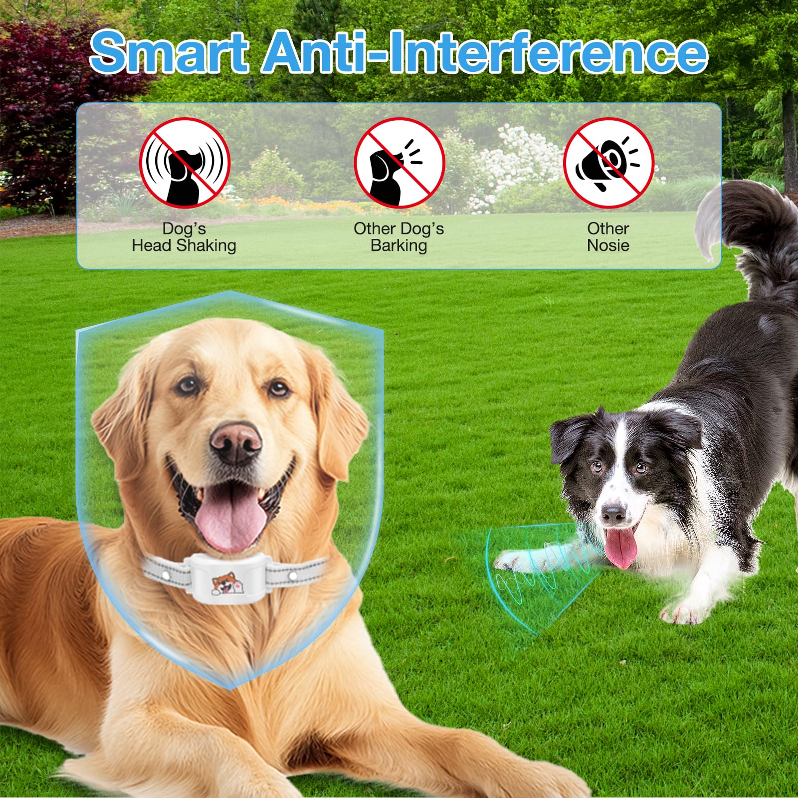 GooSmleye adjustable-collar fit image shows size range for small to large dogs.
