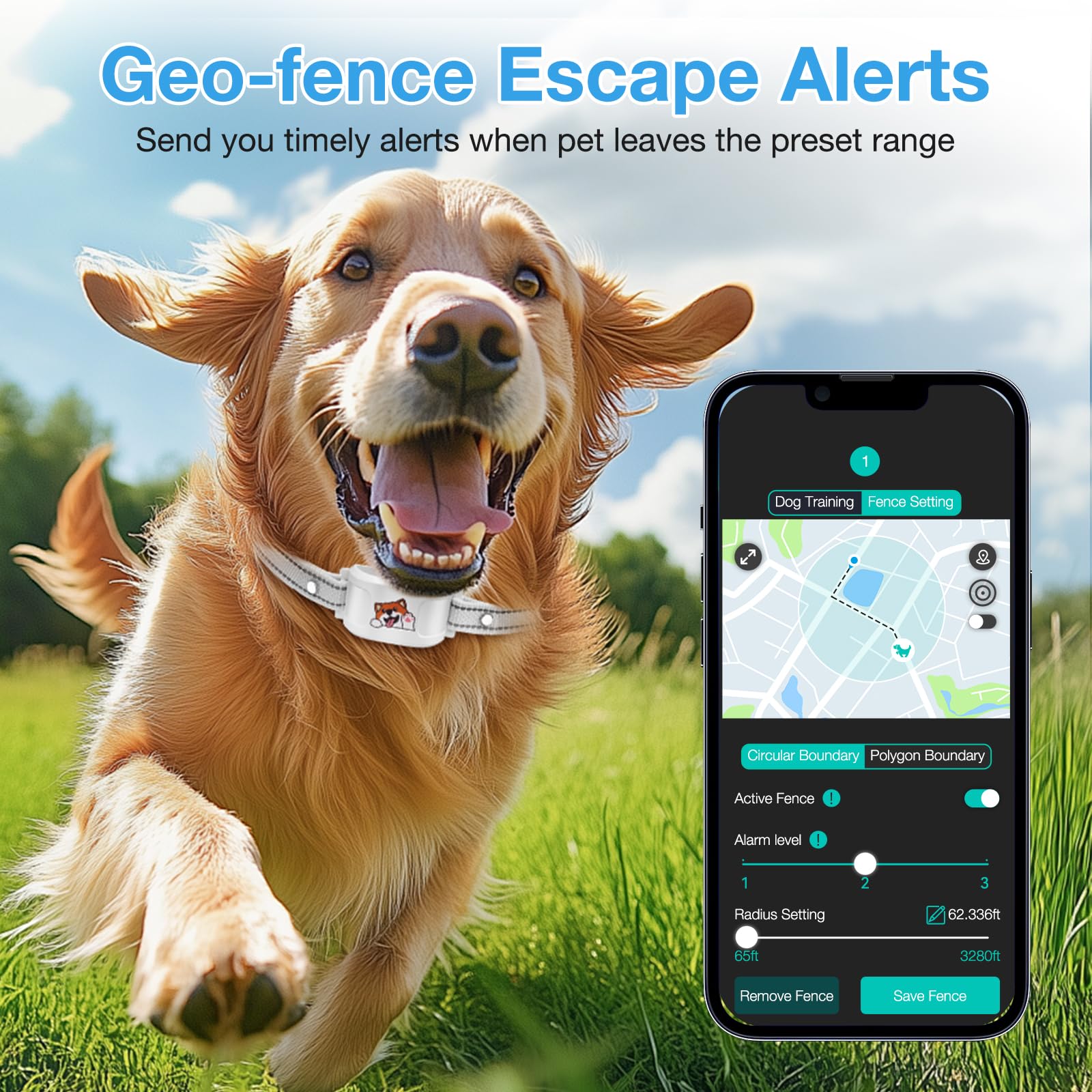GooSmleye boundary-cross alarm visual shows instant alerts when dogs approach restricted zones.