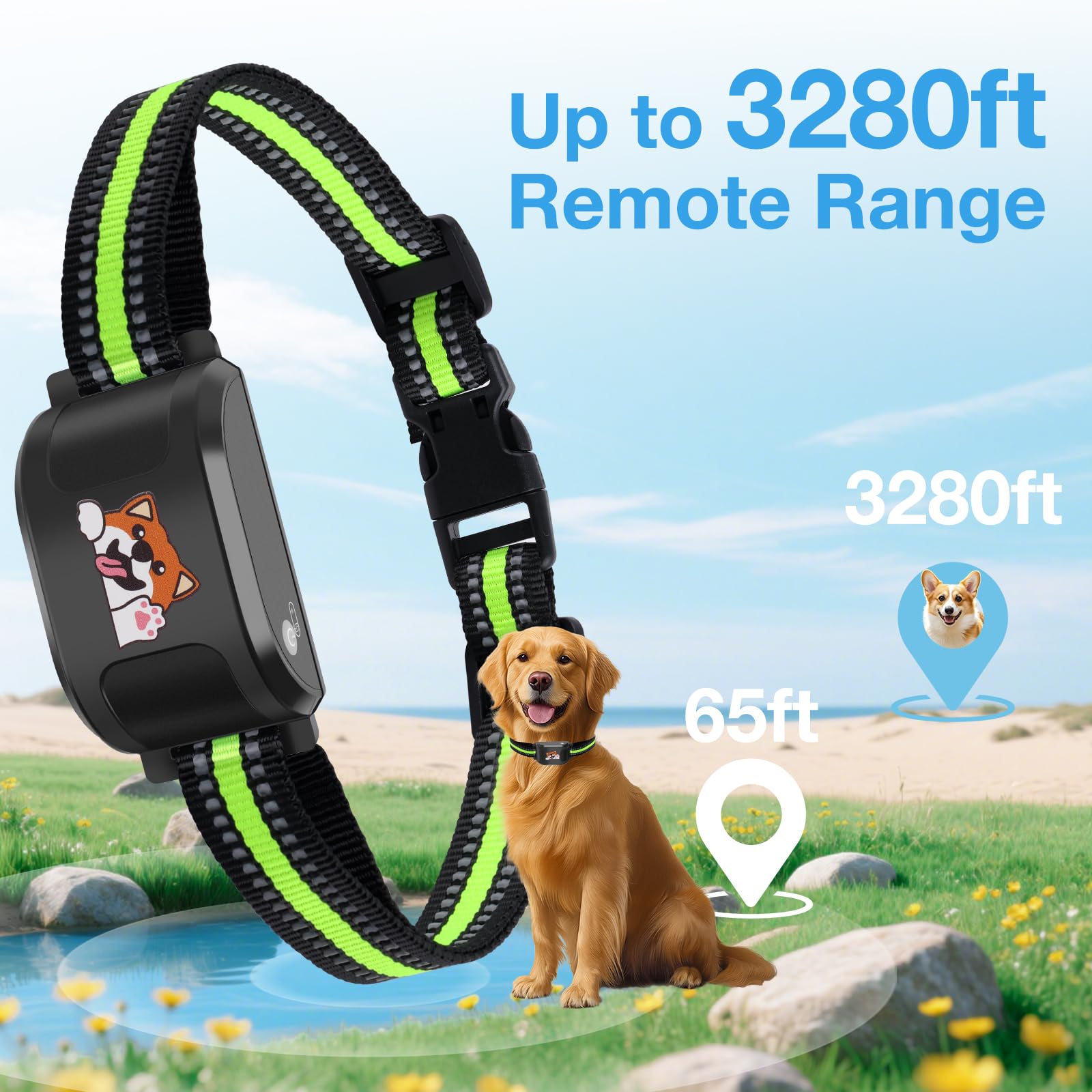 GooSmleye IP7 waterproof collar image illustrates rugged reliability for rain, mud, and swimming.