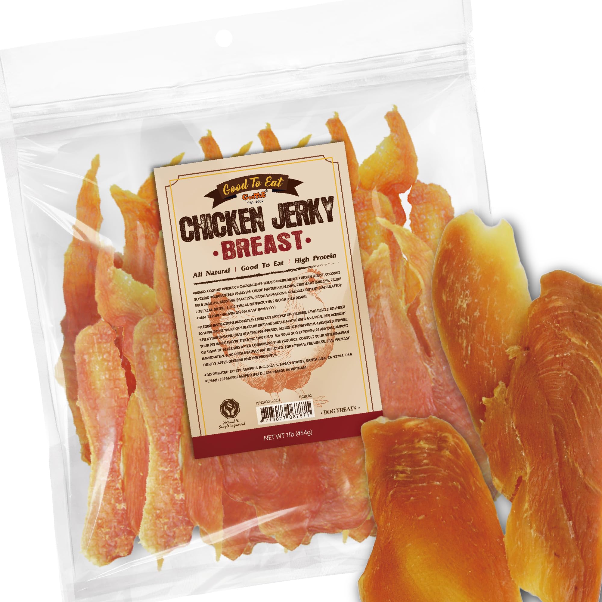 Gootoe chicken breast jerky 1 lb packaging shows natural rewards for dogs