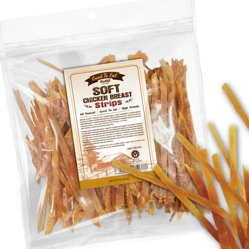 Gootoe Soft Chicken Breast Strips packaging highlights grain-free, all-natural dog treats.