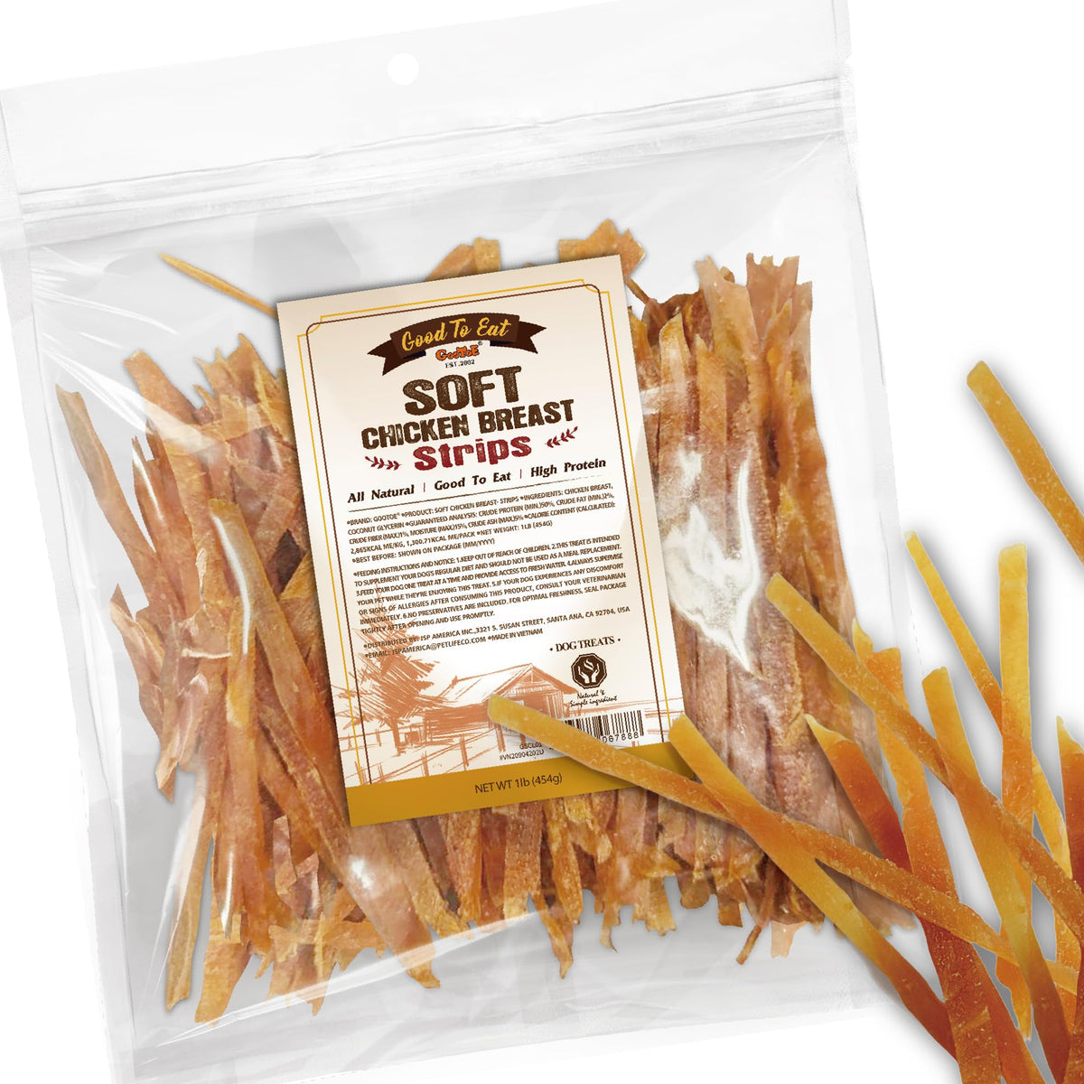 Gootoe Soft Chicken Breast Strips packaging highlights grain-free, all-natural dog treats.