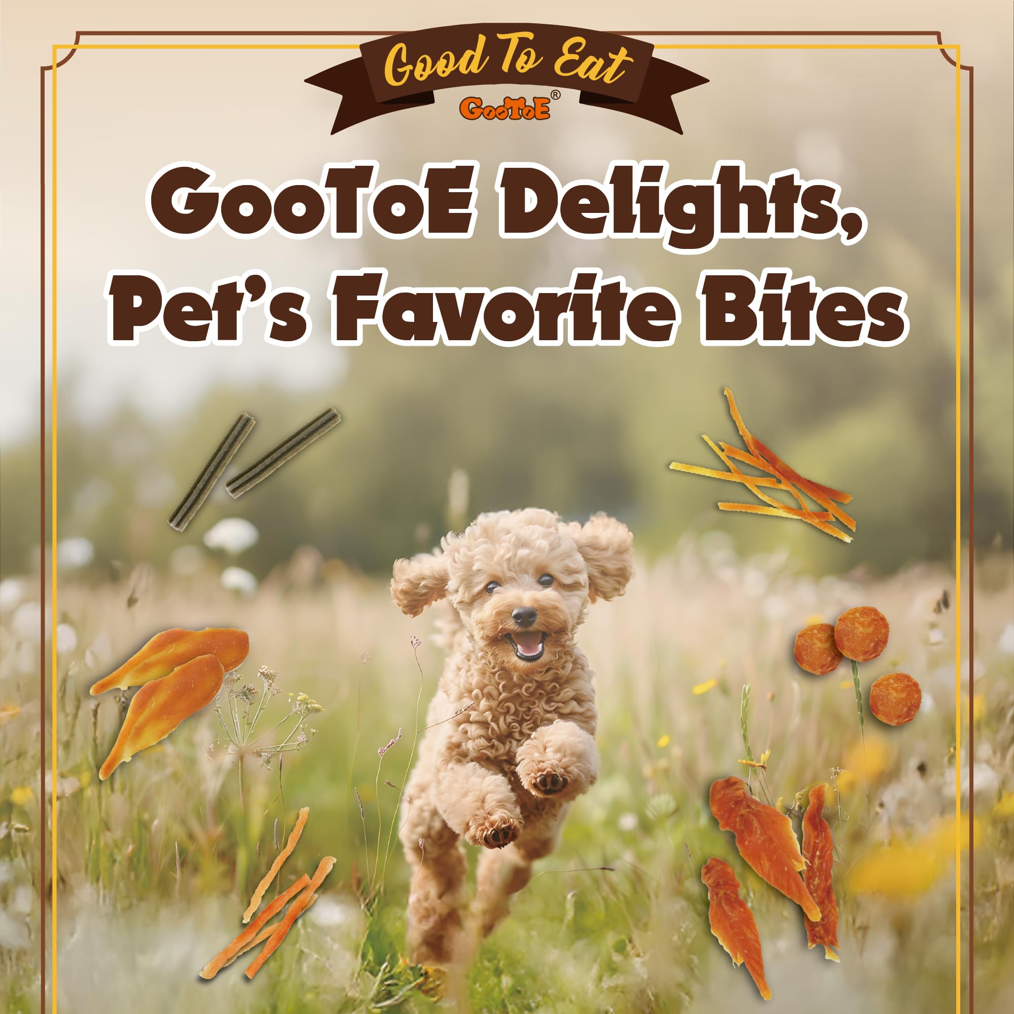 Gootoe Soft Chicken Breast Strips nutrition badge highlights high-protein, low-fat profile.
