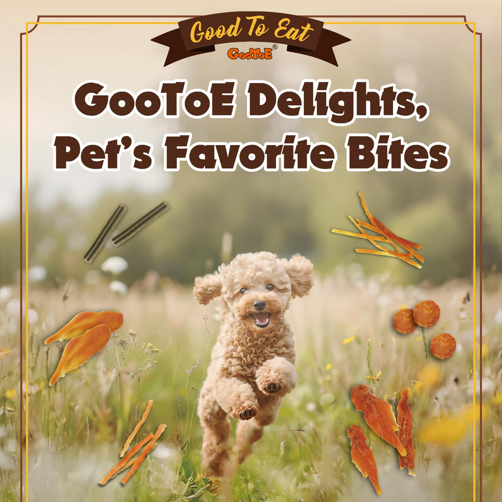 Gootoe Soft Chicken Breast Strips nutrition badge highlights high-protein, low-fat profile.