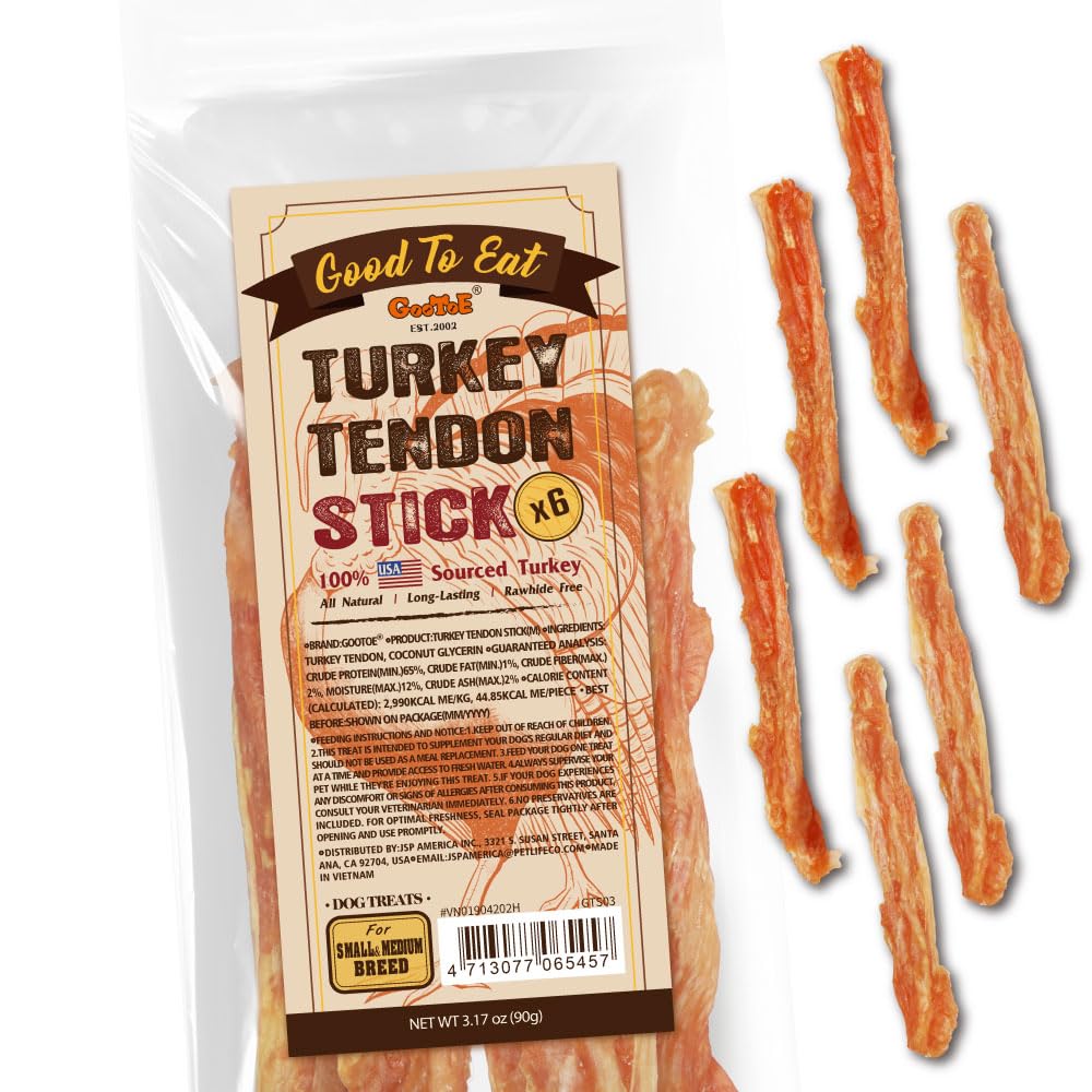 Gootoe turkey tendon dog treats pack-six-count for medium breeds supporting dental health.