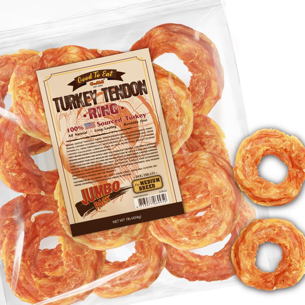 Gootoe turkey tendons dog treat ring-m pack closeup highlighting long-lasting chew
